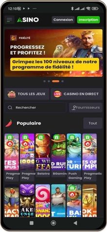 Capture d'écran de la page d'accueil du Casino Asino depuis un appareil mobile