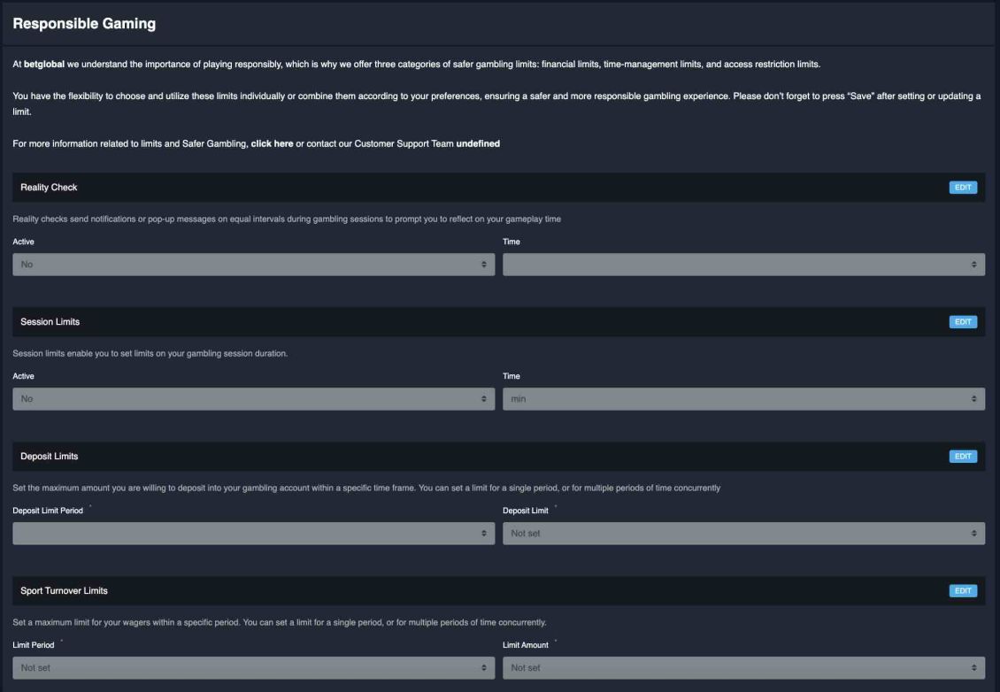 Responsible gaming information provided by BetGlobal Casino