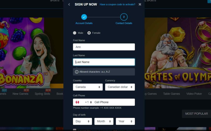 BetGlobal Casino - Step 3 of the registration process