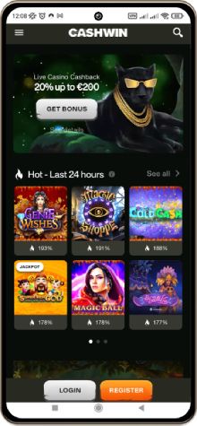 Screenshot showcasing the main page of CashWin Casino on mobile