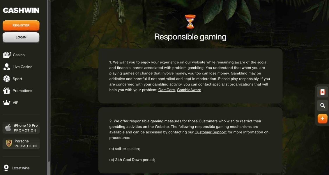 Image illustrating responsible gaming information at CashWin Casino