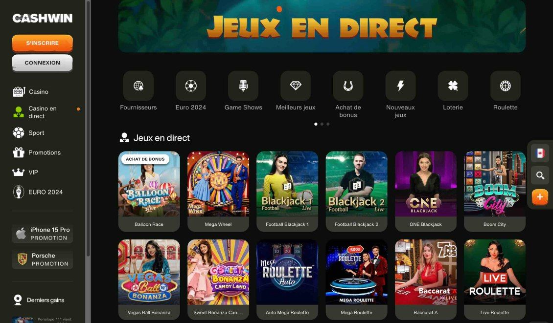 Répertoire des jeux en direct sur CashWin Casino