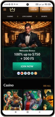 Mobile display of the main page at Crownplay Casino