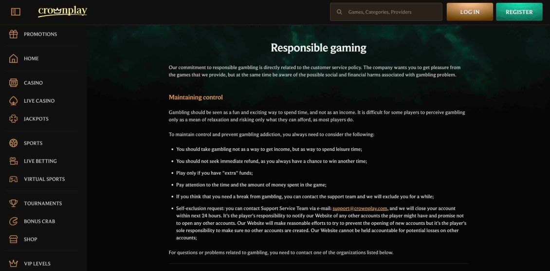 Image of the Crownplay Casino section dedicated to responsible gaming