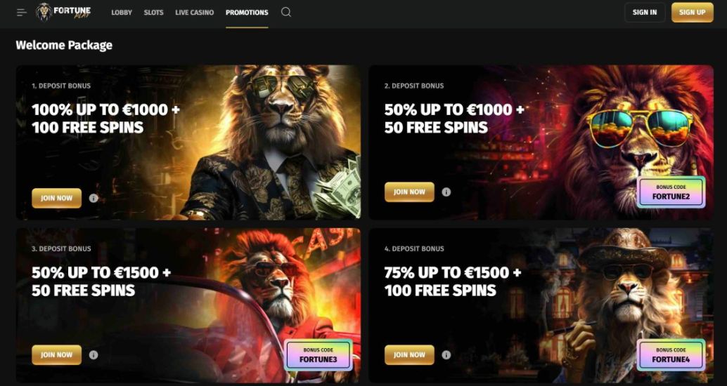 The first four deposits, each of at least C$30, unlock bonuses for new sign-ups that can reach up to C$5,000 + 300 FS. The second through fourth deposits require the promo codes ‘FORTUNE2’ to ‘FORTUNE4’. The bonus comes with a 40x wagering requirement.