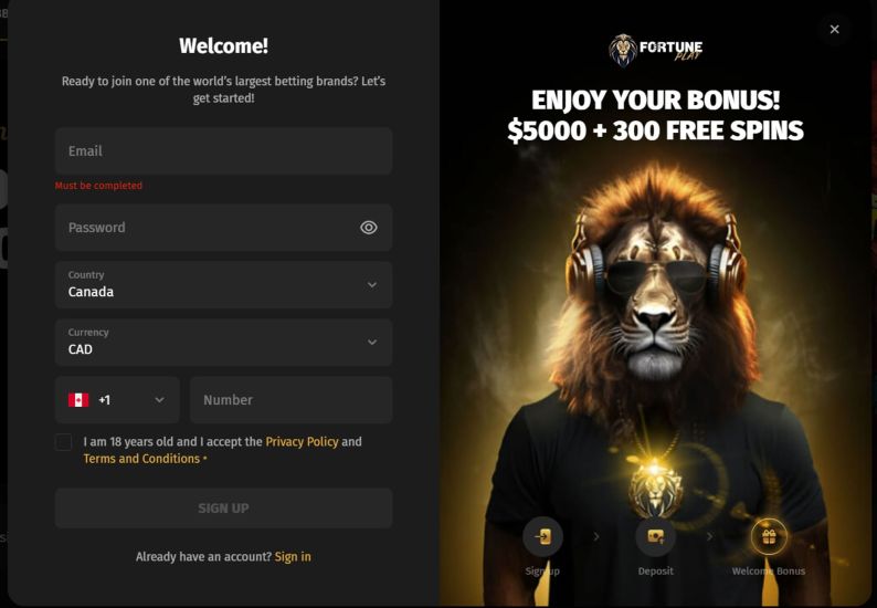 Screenshot of the second step in FortunePlay Casino's registration process