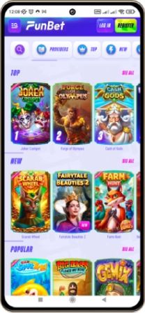 Mobile view of the main page of Funbet Casino.