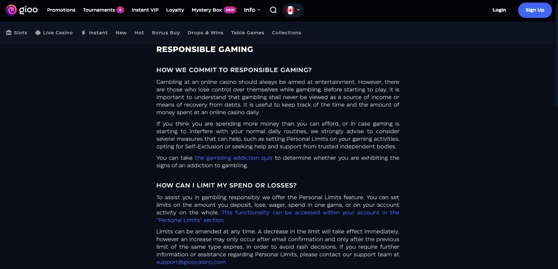 Image of the Responsible Gambling page at Gioo Casino