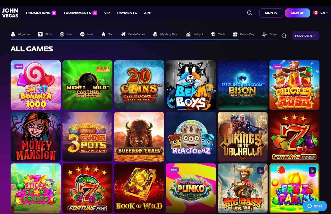 Comprehensive list of available games at JohnVegas Casino