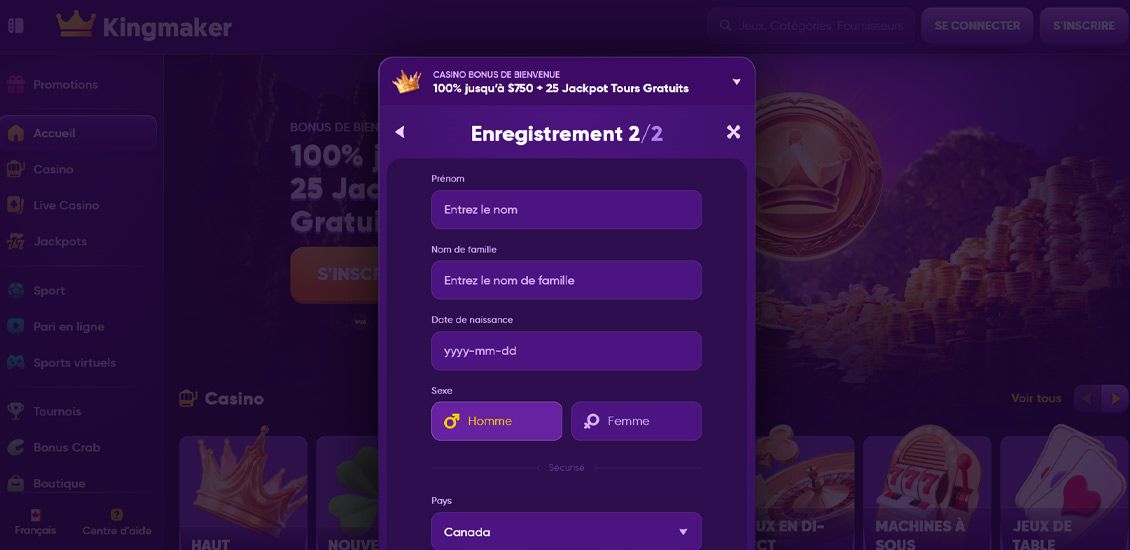 Étape 3 du processus d'inscription au Kingmaker Casino