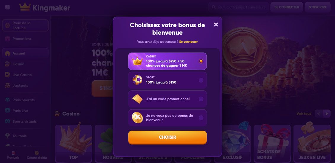 Étape 2 du processus d'inscription au Kingmaker Casino