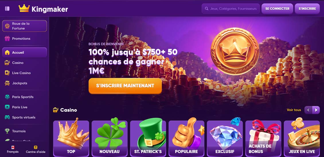 Visuel de la page d'accueil de Kingmaker Casino