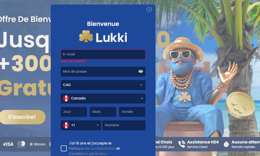 Capture d'écran de la procédure d'inscription à Lukki Casino - étape 2.