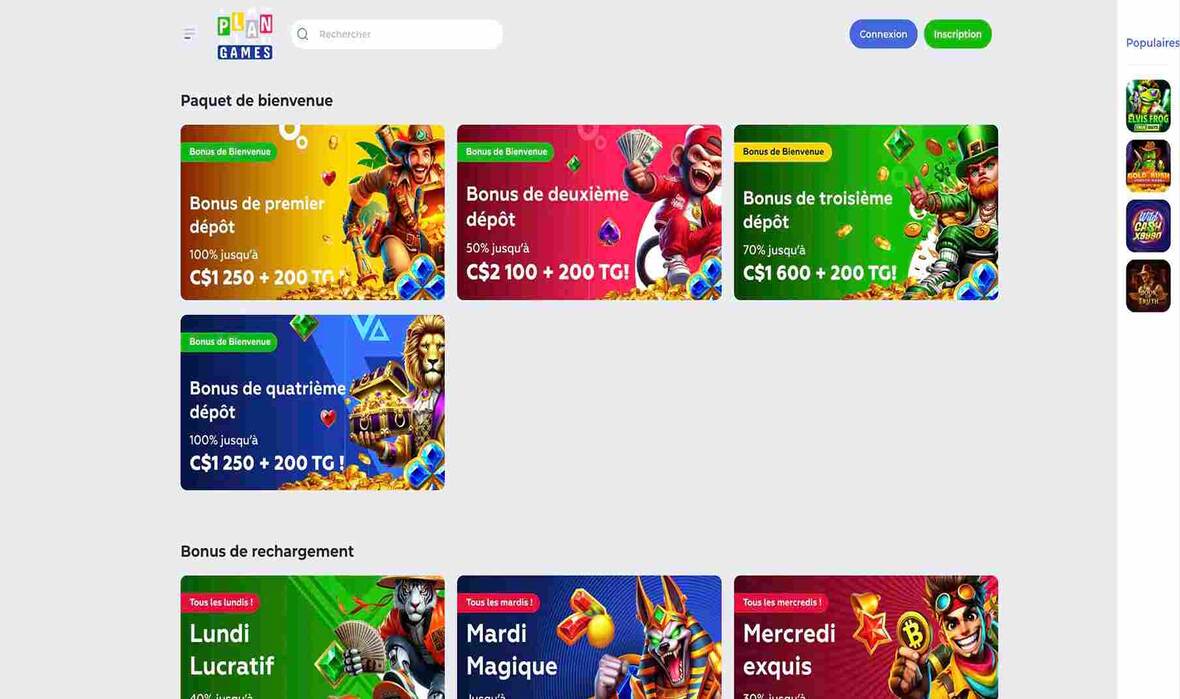 Page dédiée aux promotions sur le casino Plangames