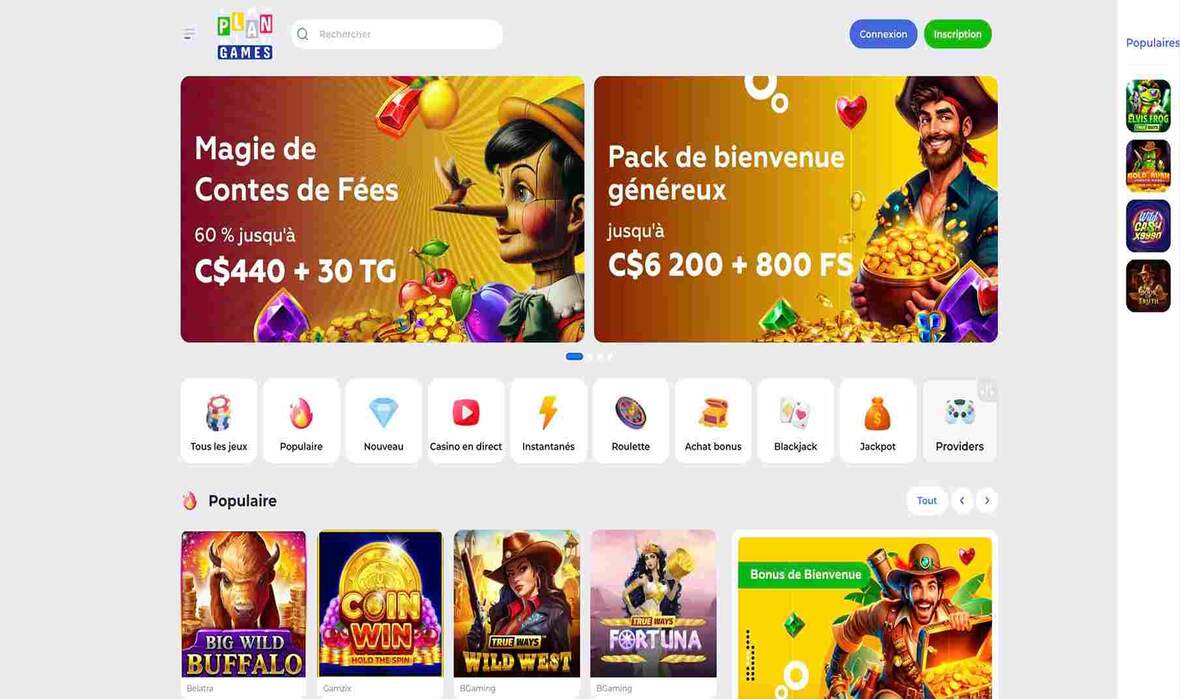Page principale du casino Plangames