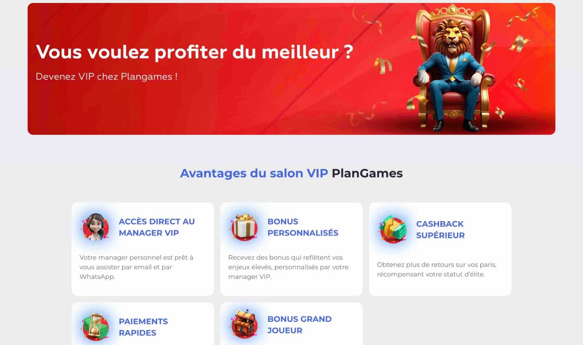 Page VIP du casino Plangames avec des programmes exclusifs