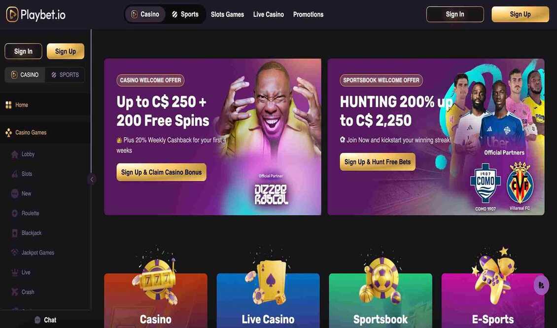 Snapshot of the homepage of Playbet.io Casino.
