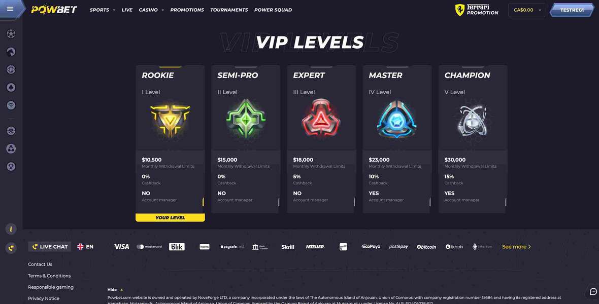 Powbet casino vip page
