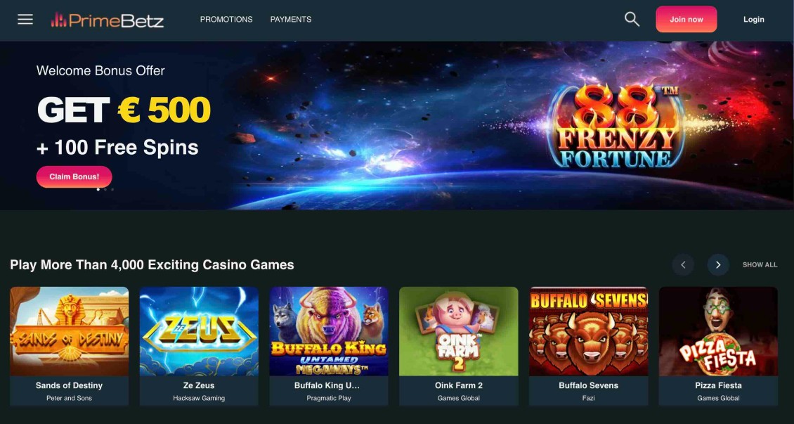 A visual representation of the homepage of PrimeBetz Casino.