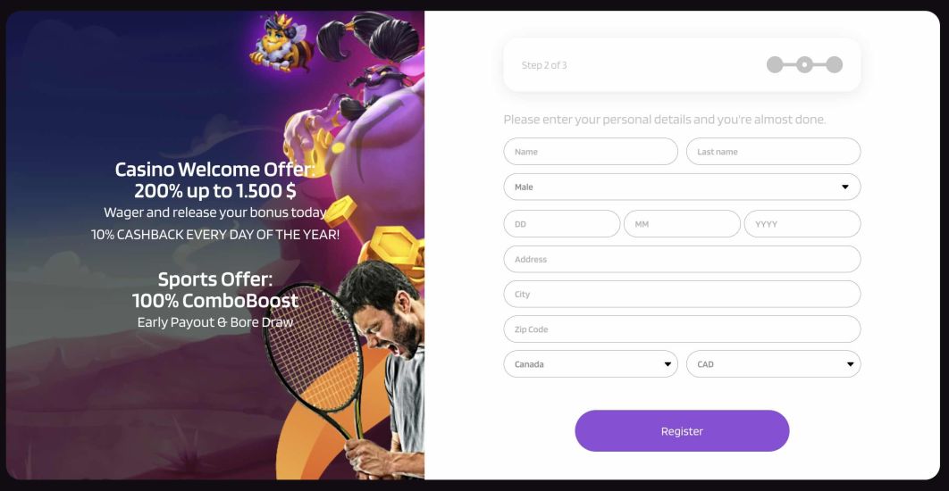 Screenshot depicting the Punterz Casino registration process - step 3