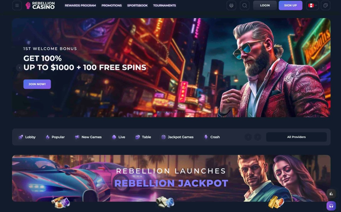 Screenshot of the homepage of Rebellion Casino.