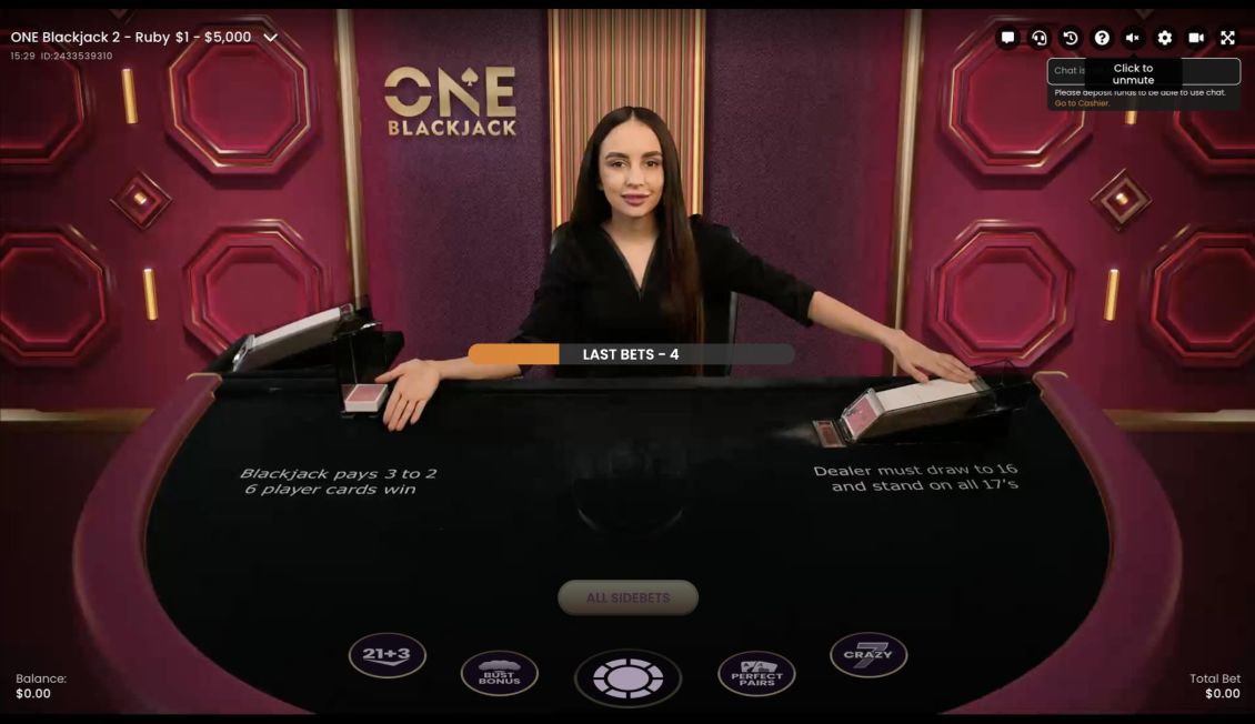 Live Blackjack gameplay at Ruby Fortune Casino