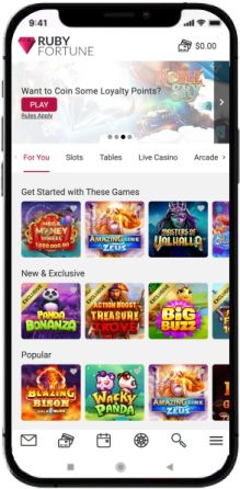 Mobile screenshot of the main page of Ruby Fortune Casino