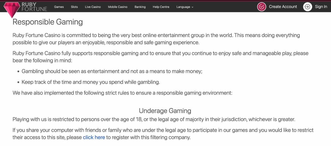 Image from the Ruby Fortune Casino page dedicated to responsible gaming