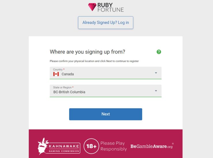Screenshot showing the second step of the Ruby Fortune Casino registration