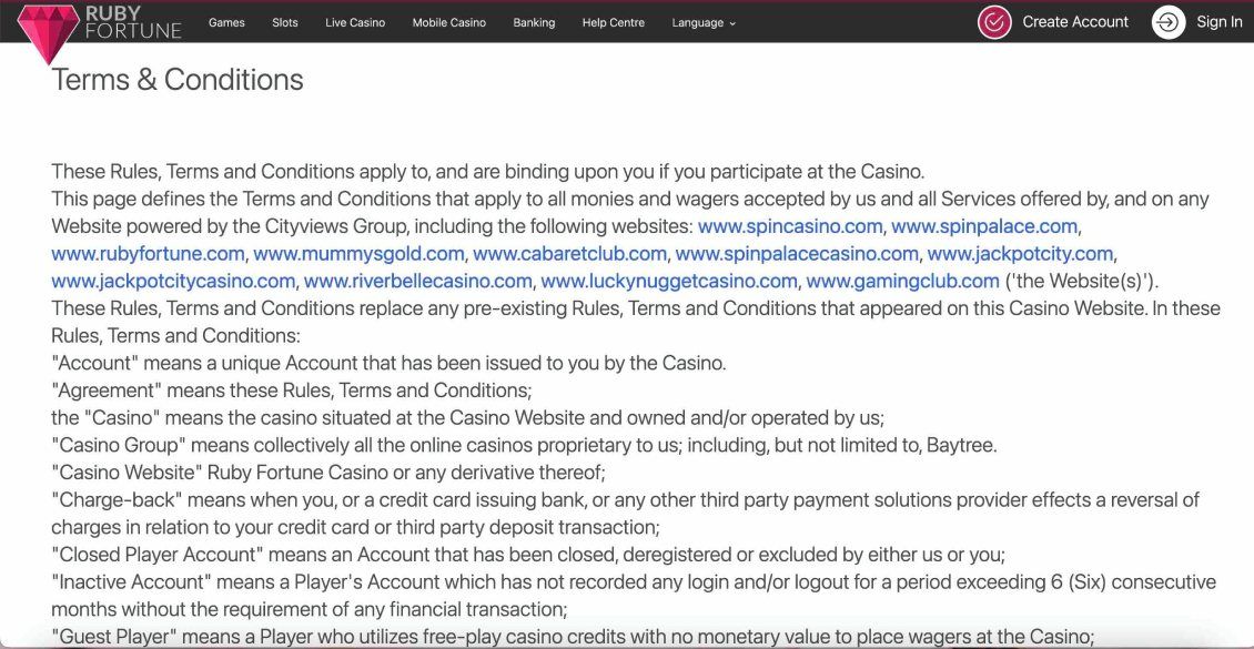 Image depicting the Ruby Fortune Casino Terms and Conditions page