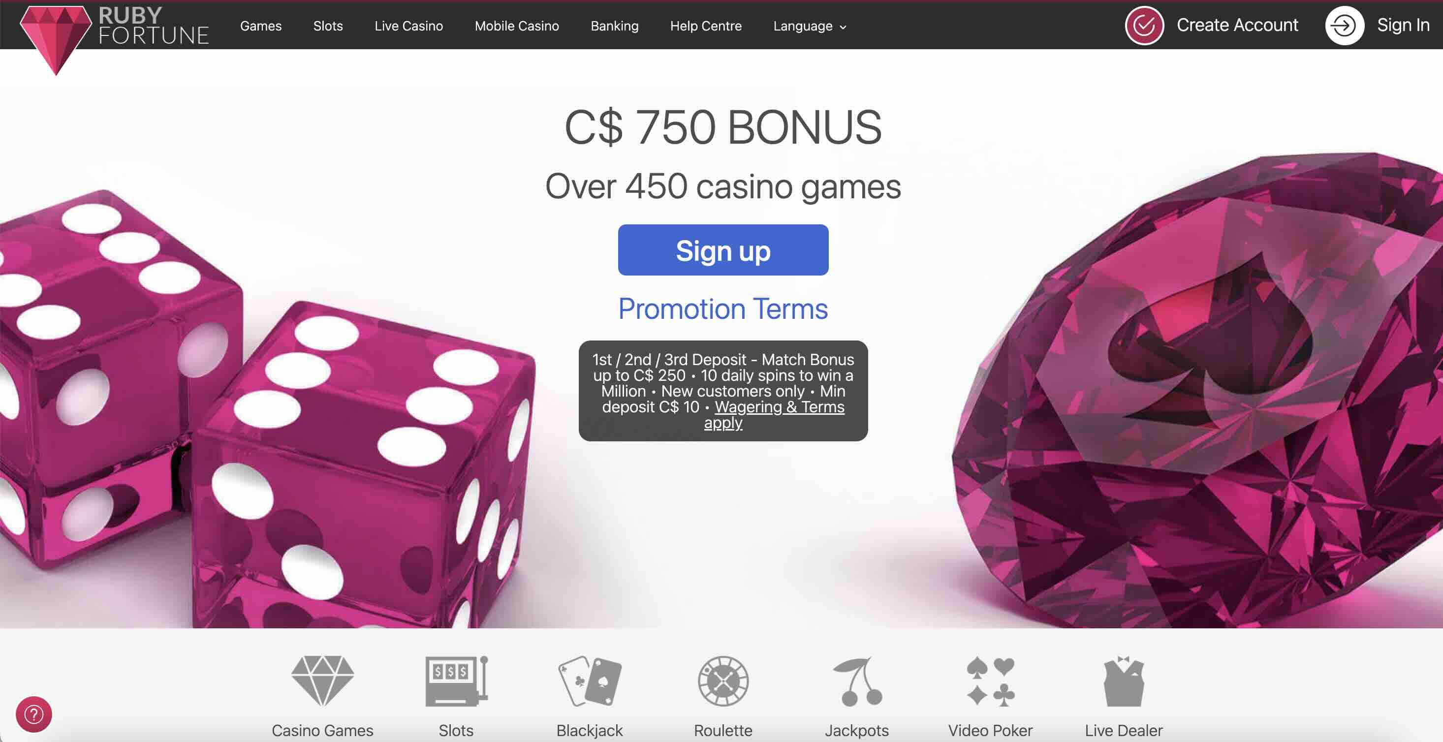 Screenshot showcasing Ruby Fortune Casino's main page