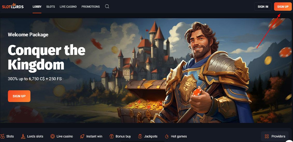 Step 1 of the Slotlords Casino registration process
