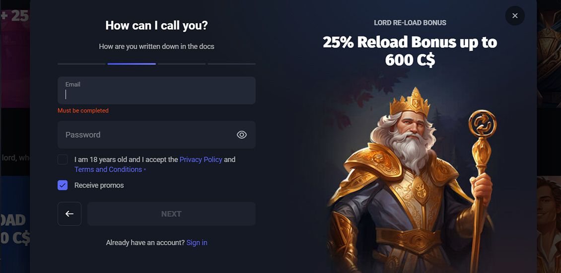 Step 3 of the Slotlords Casino registration process