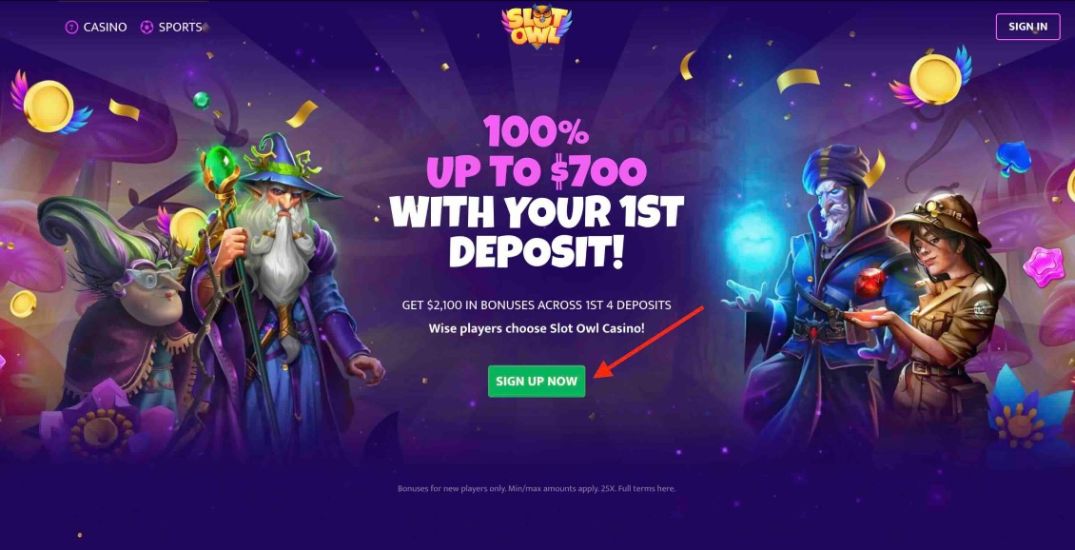 Screenshot showcasing the first step of the SlotOwl Casino registration.