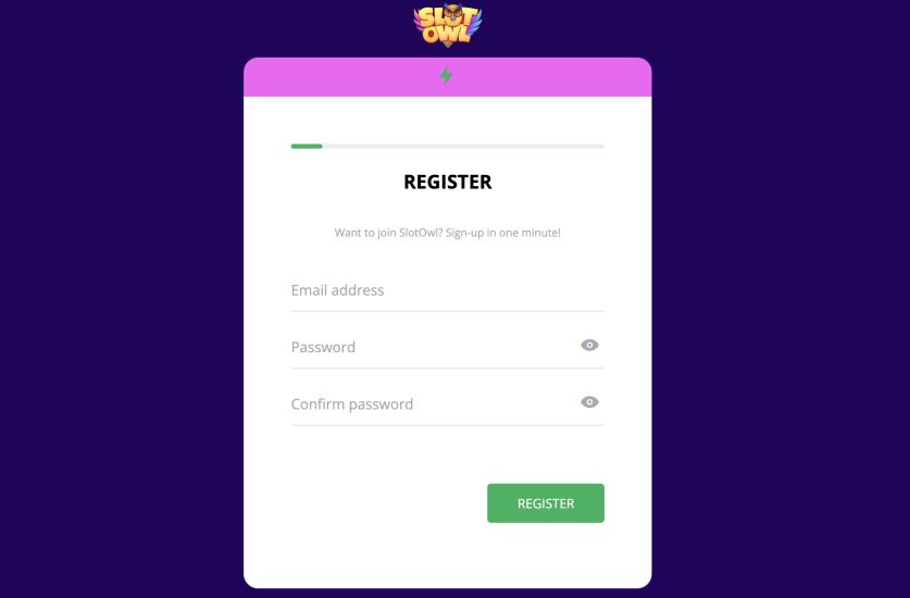 Screenshot showing the second step of the SlotOwl Casino registration.