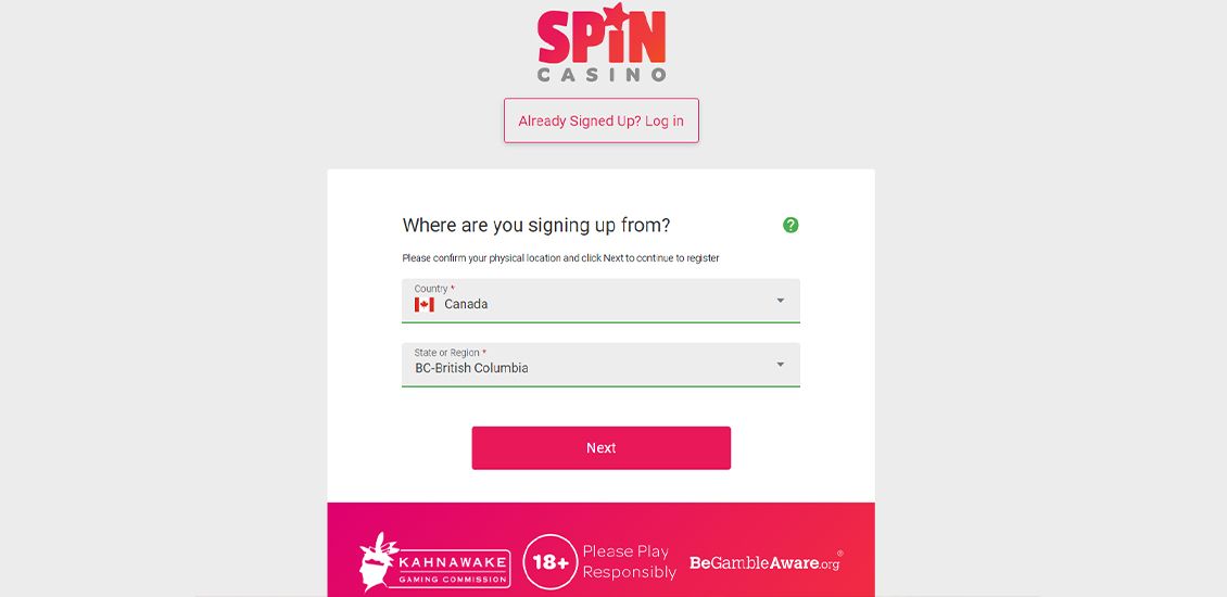 Spin Casino registration process step 2