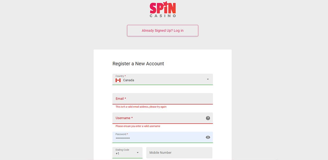 Spin Casino registration process step 3