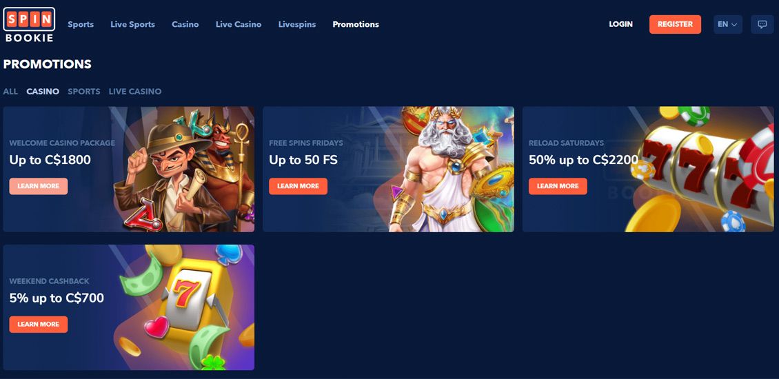 Spinbookie Casino’s welcome package is up to C$1,800. This bonus is available on the first three deposits of over C$20 made within 45 days of registration, providing 125% up to C$600, 80% up to C$900, and 100% up to C$300. Note that the max bet is C$0.70, and the wagering requirement that must be met within 10 days is 45x (100% for slots and 20% for table games).