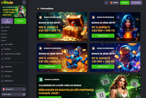 Page des promotions disponibles chez le casino Spinline.