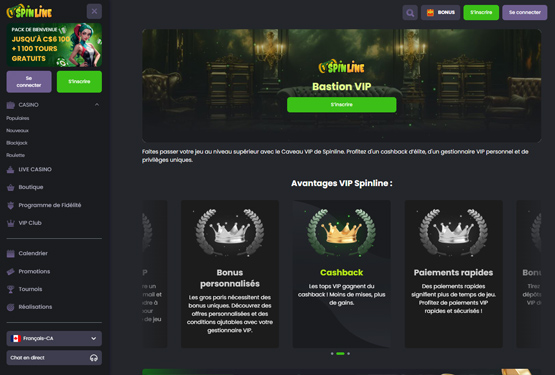 Page VIP de programmation de Spinline Casino.