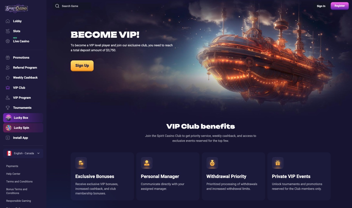 Spirit casino vip program page