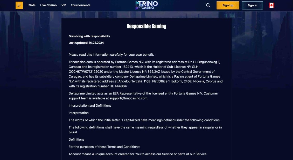 Image of Trino Casino's responsible gaming information page