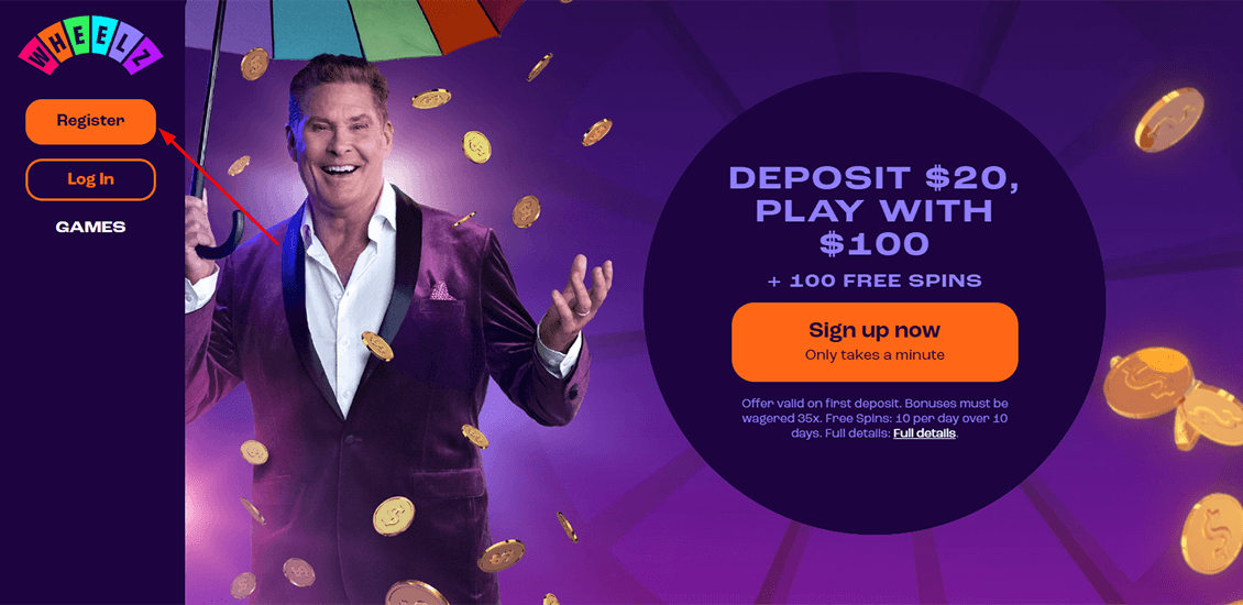 Step 1 of the Wheelz Casino registration process