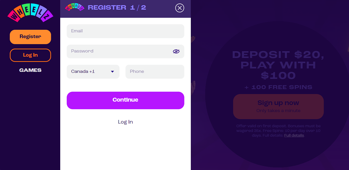 Step 2 of the Wheelz Casino registration process