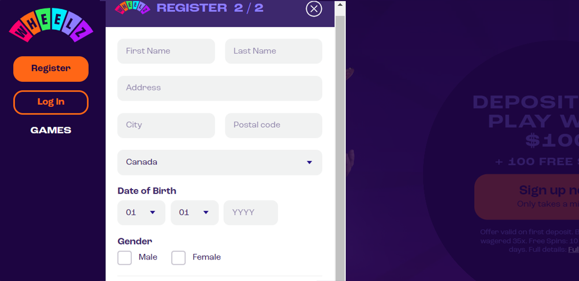 Step 3 of the Wheelz Casino registration process