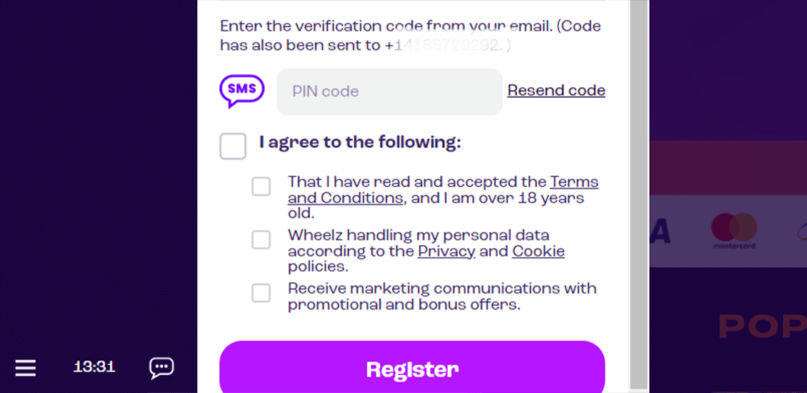 Step 4 of the Wheelz Casino registration process