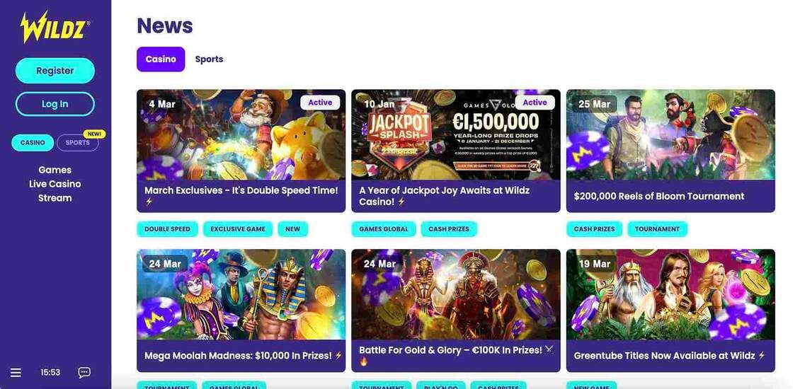 Bonuses page at Wildz Casino site
