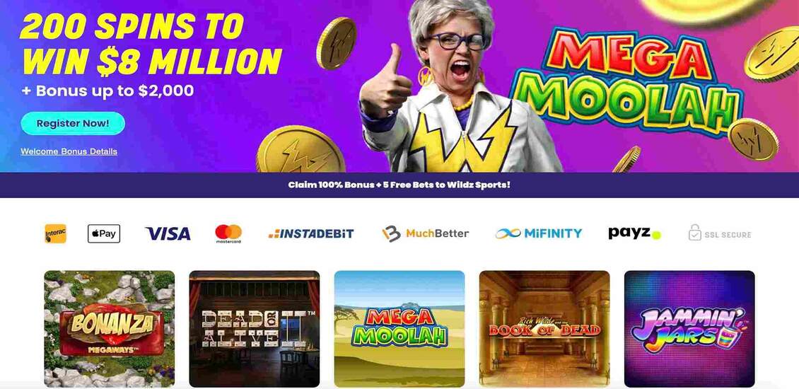 Main Page of Wildz Casino Site