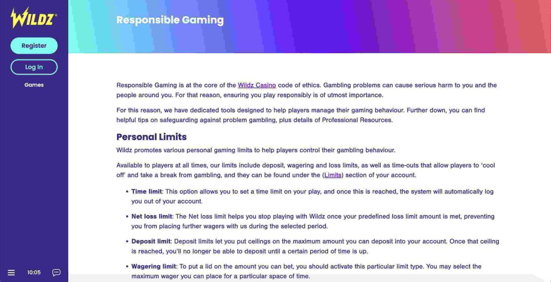 Wildz Casino page dedicated to responsible gambling