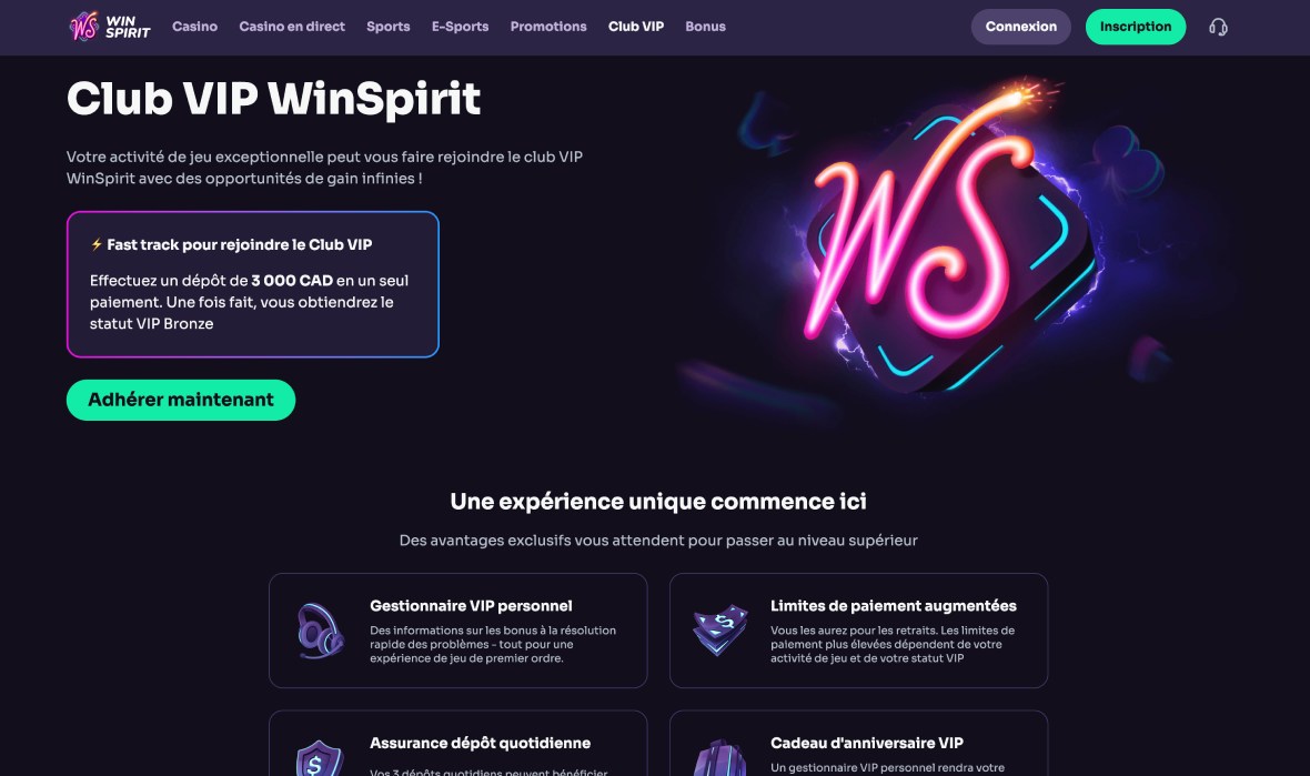 Page dédiée au programme VIP de Winspirit Casino.